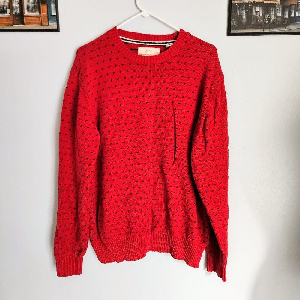 Weatherproof Vintage Cotton Heavy Knit Grandpa Sweater in Red w/ Black Dots XL